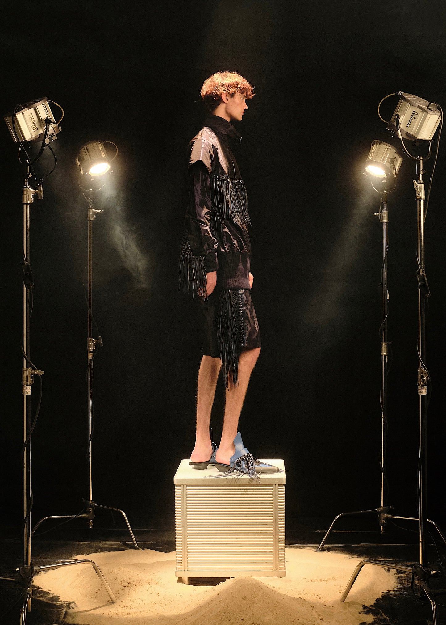 NAVY LEATHER FRINGE JUMPER