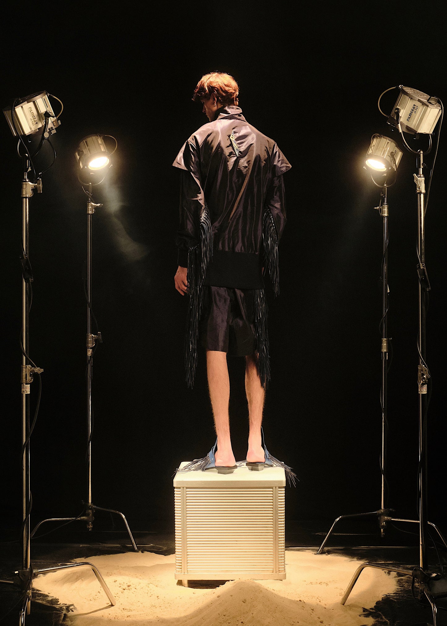 NAVY LEATHER FRINGE JUMPER