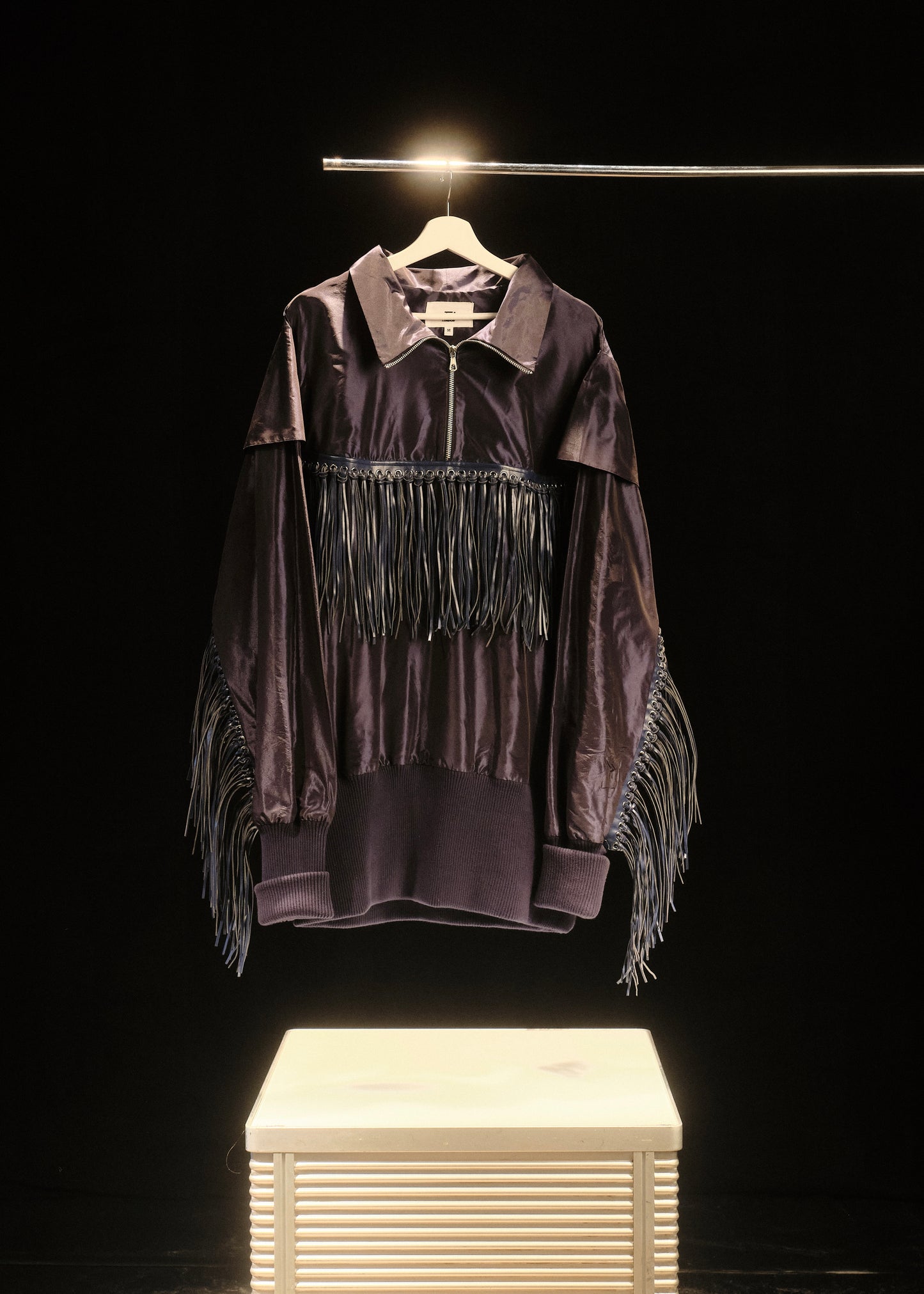 NAVY LEATHER FRINGE JUMPER