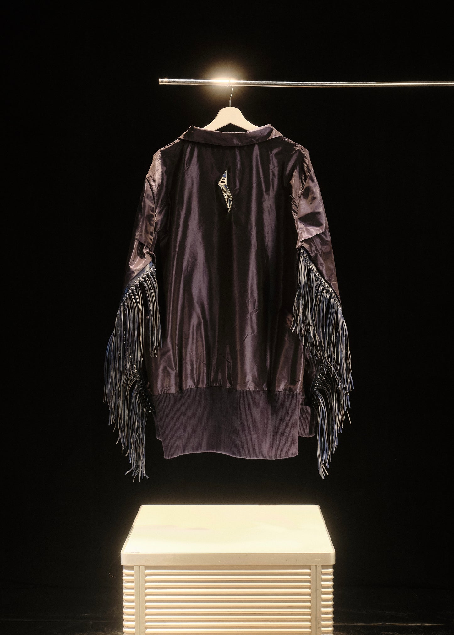 NAVY LEATHER FRINGE JUMPER