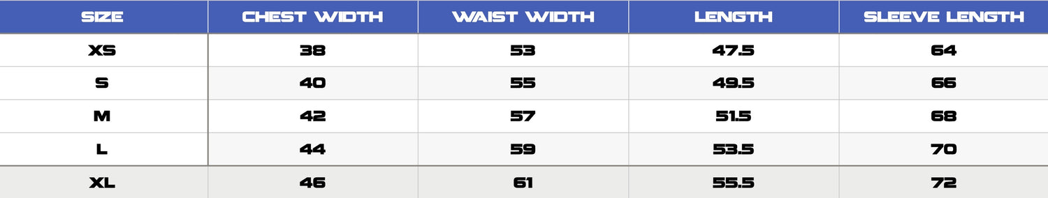 YYAtomic men's size guide - chest width; waist width; length, sleeve length